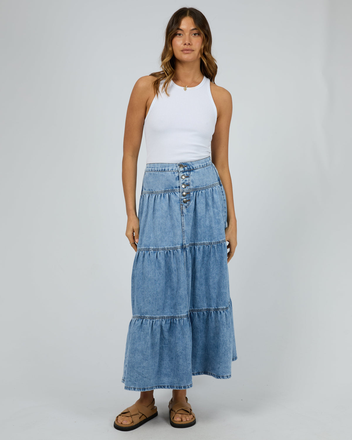 All About Eve Coco Denim Maxi Skirt light blue side view