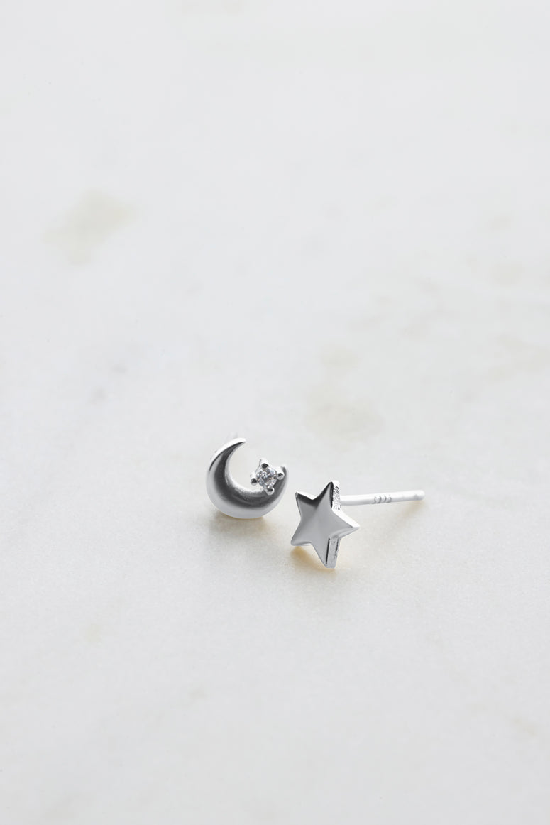 Star and Moon Stud Earring - Silver