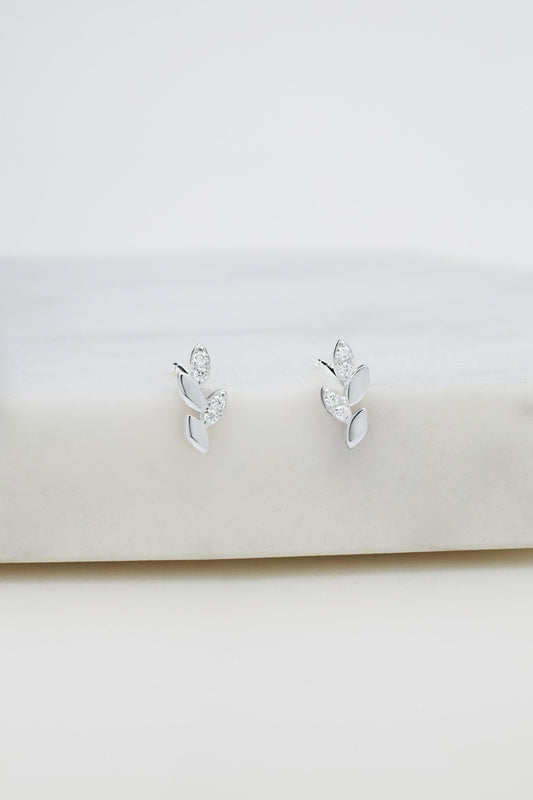 Crystal Leaf Stud Earring - Silver