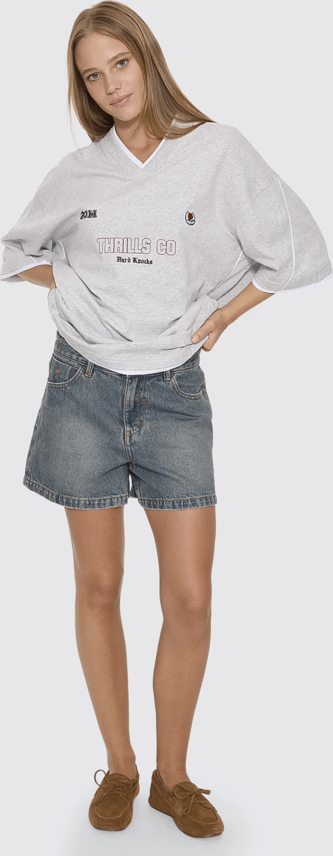 Thrills Tournament Of Roses V Neck Oversized Tee in Snow Marle - detail
