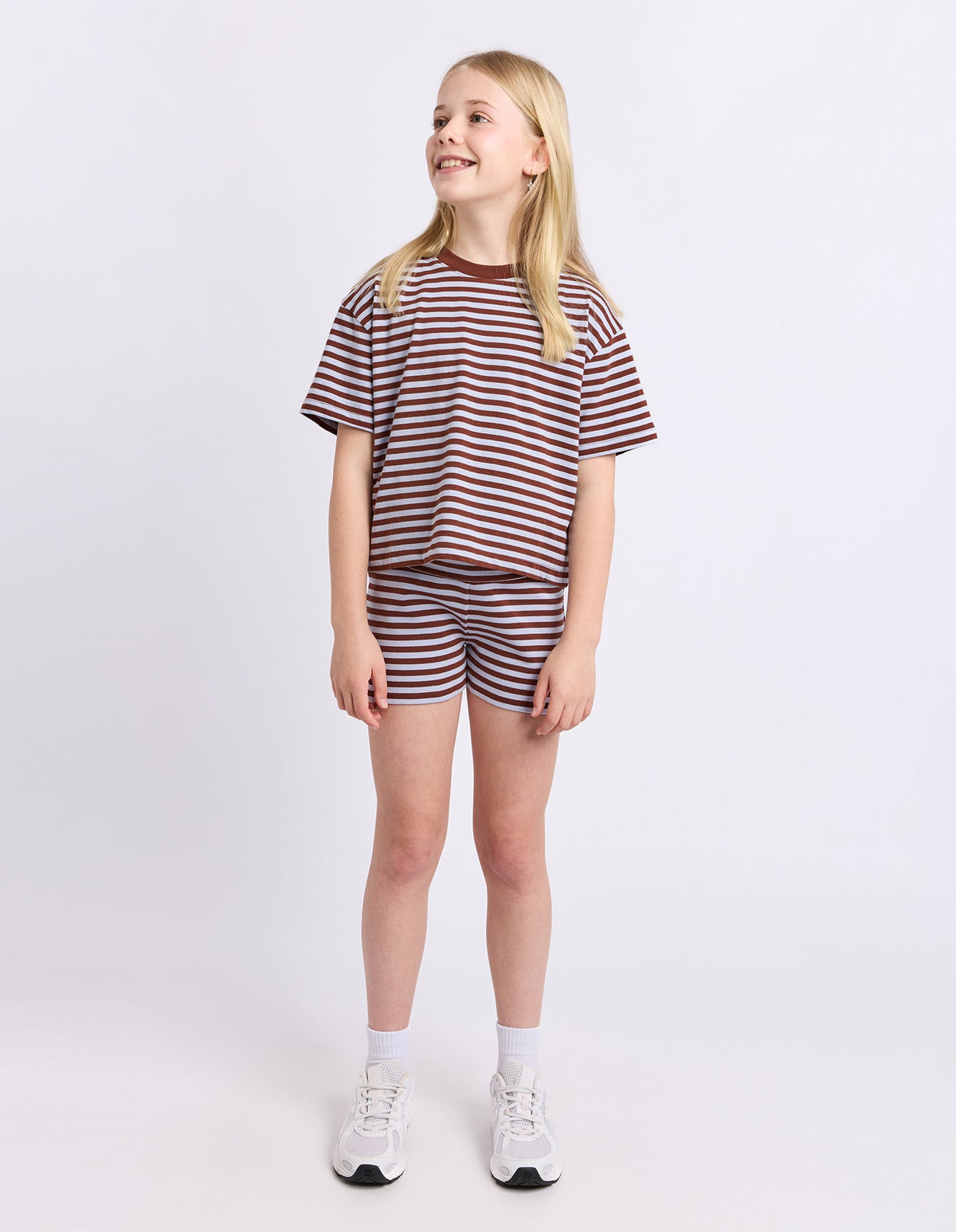 St Goliath Paloma stripe short sleeve tee in chocolate, side view