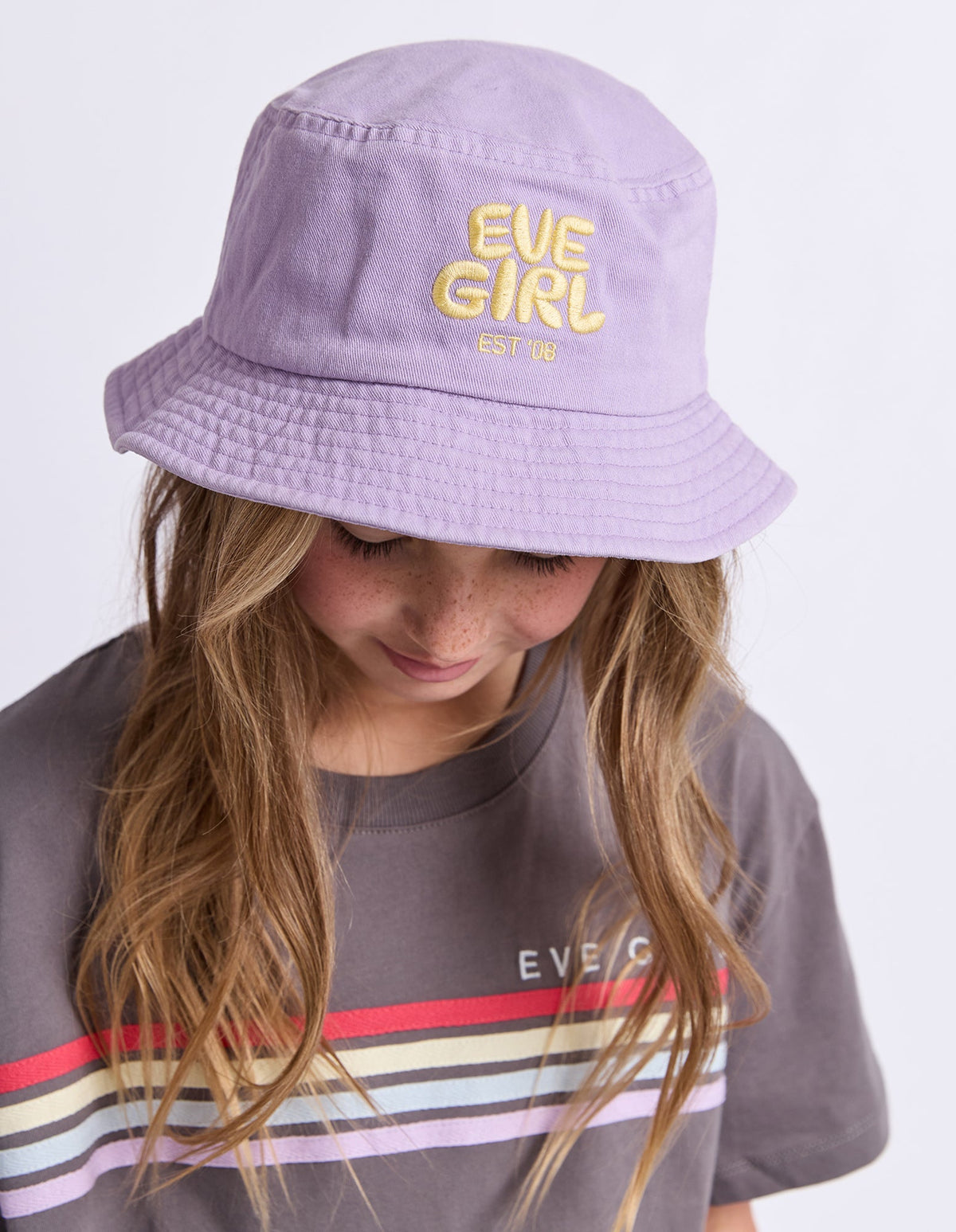 Eve Girl Sports Club Bucket Hat in lavender, worn