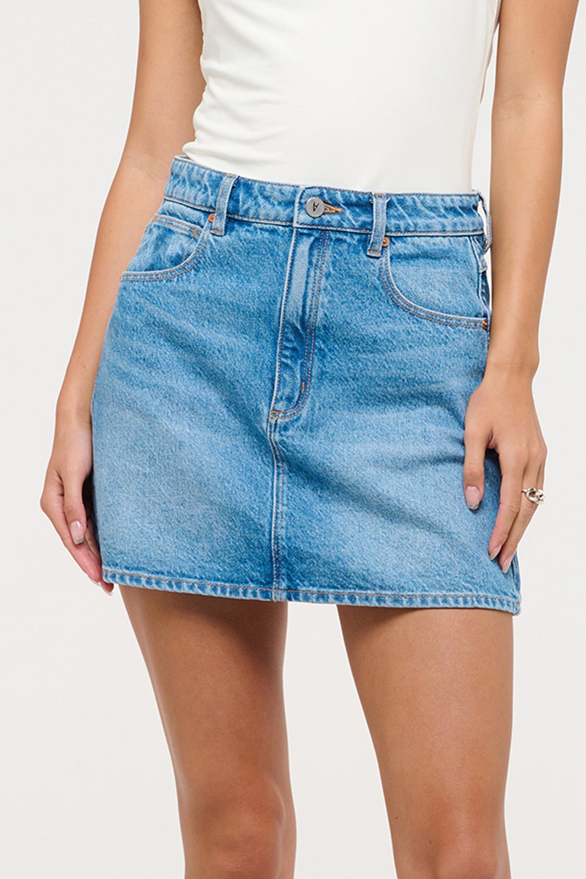 Abrand Aline Skirt in Charlotte mid blue denim, front view