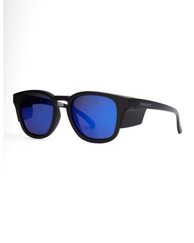 Liive X Angler polarised fishing sunglasses in matt black with blue mirror lens