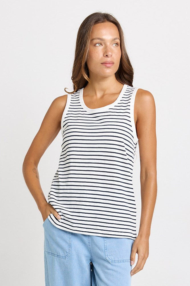 Betty Basics Rory Slub Tank in white and navy stripe, front view