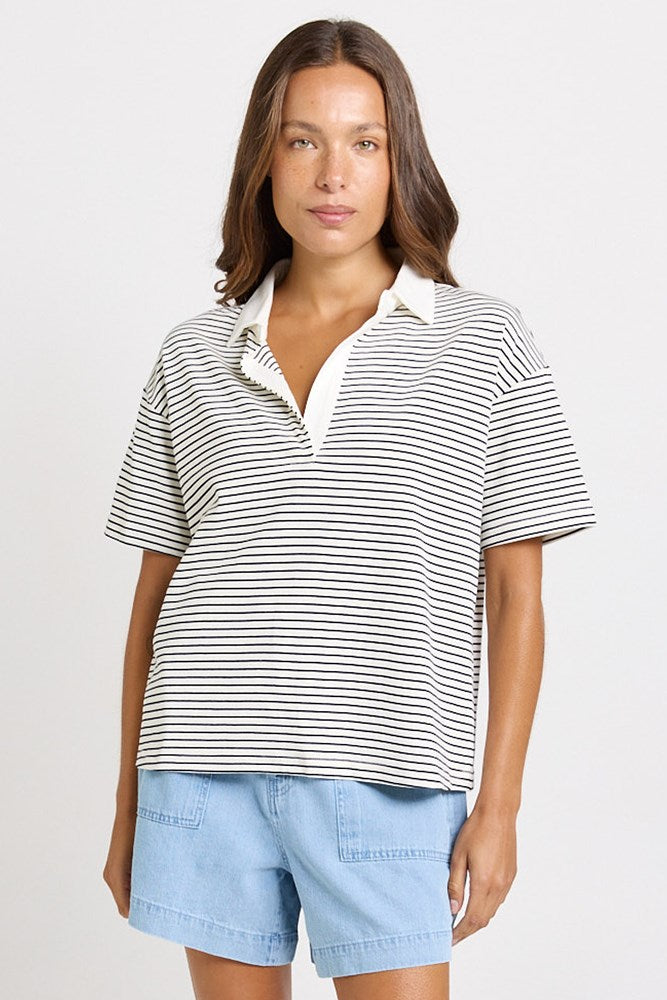 Betty Basics Freddy Polo Top in white and navy stripe, front view