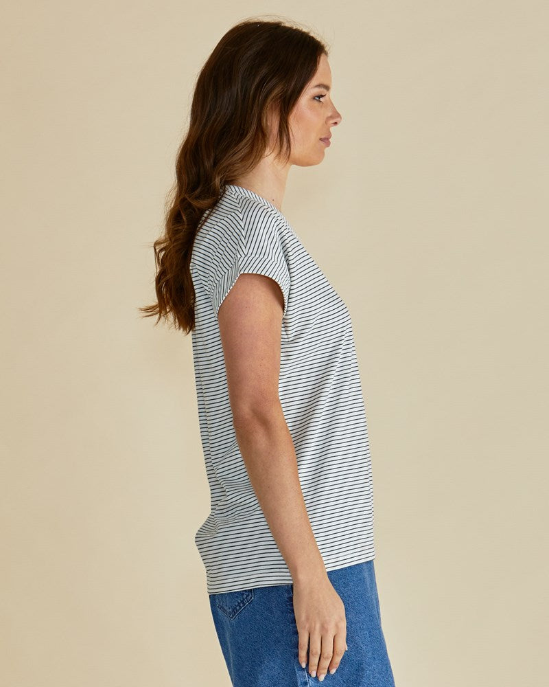 Betty Basics Tracy V-Neck Tee - Black / White Stripe (view 3)