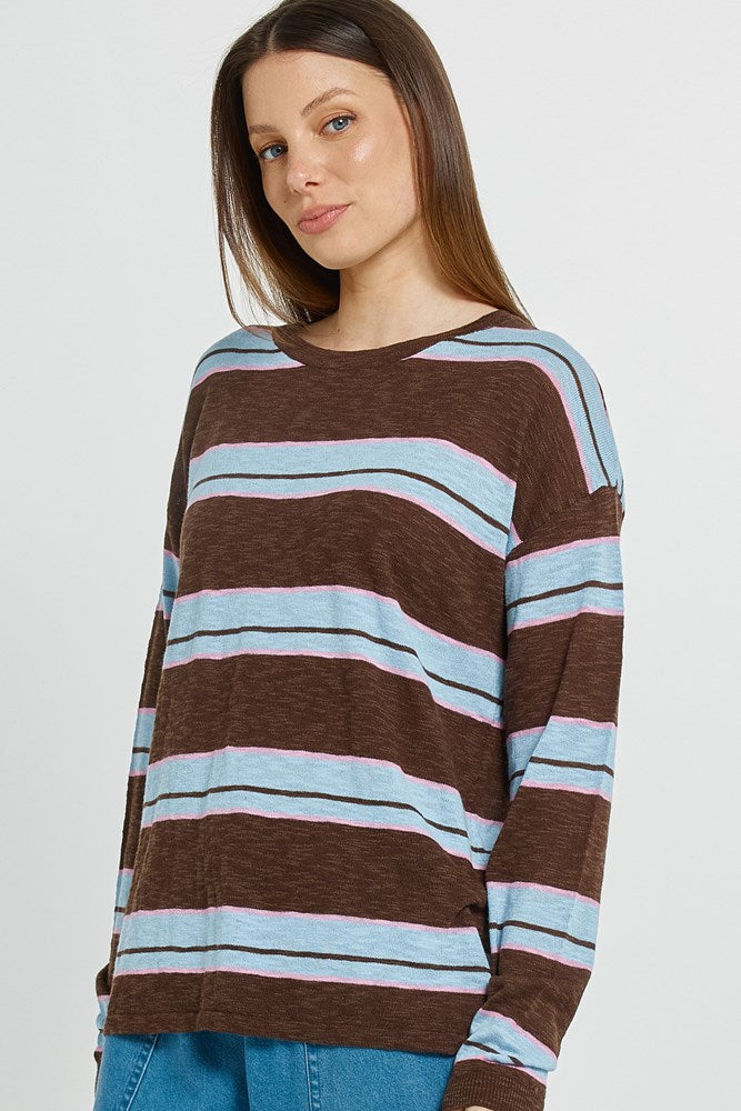 Betty Basics Natasha Knit Top - Chocolate/Blue/Pink Stripe (view 3)