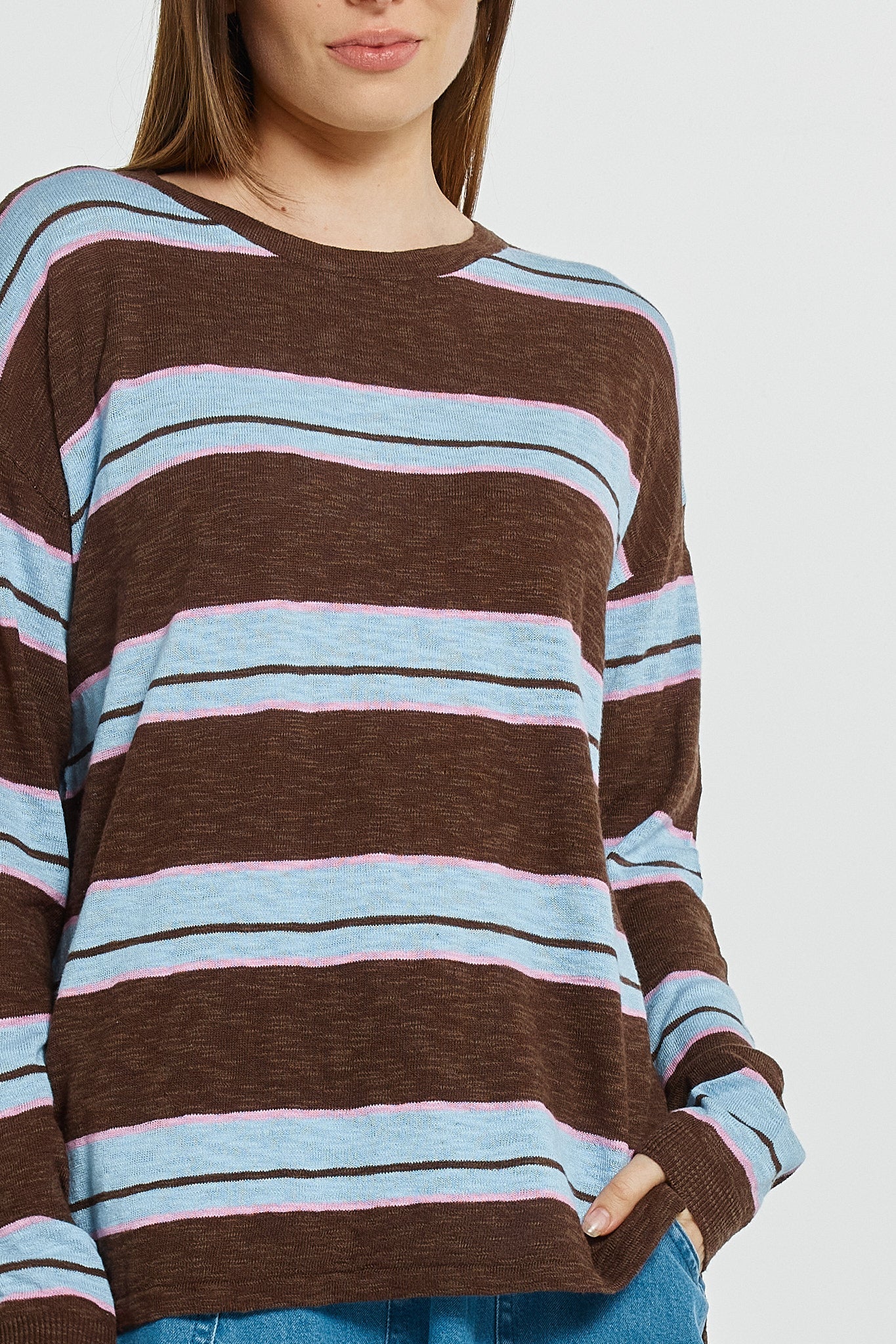 Betty Basics Natasha Knit Top - Chocolate/Blue/Pink Stripe (view 5)