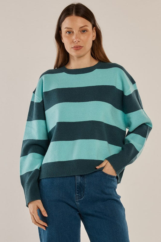 Leonie Knit Sweater - Teal Green / Blue Stripe