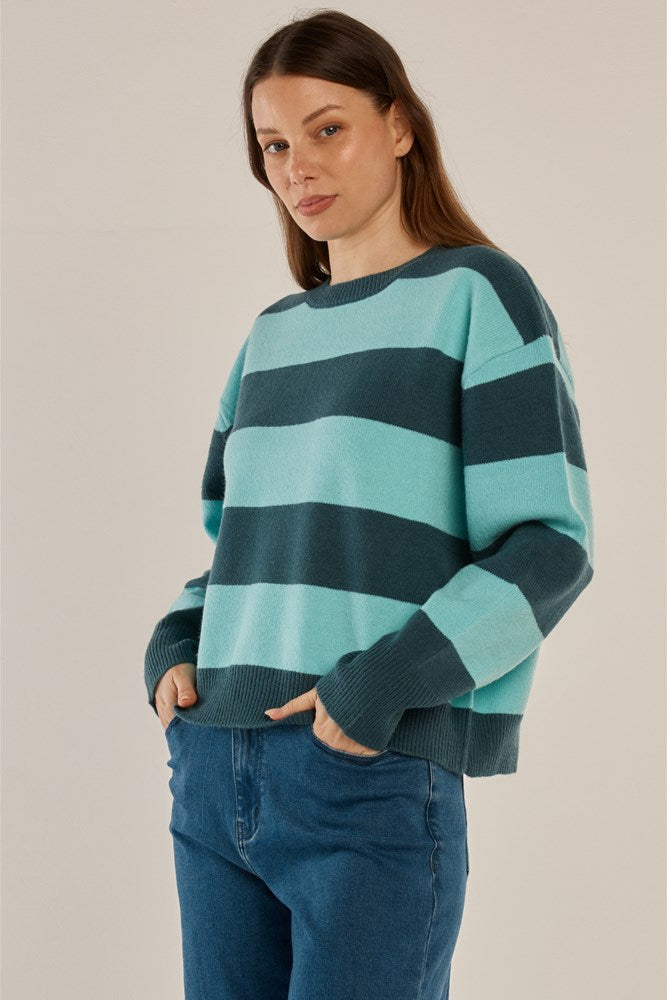 Leonie Knit Sweater - Teal Green / Blue Stripe - Catani Clothing