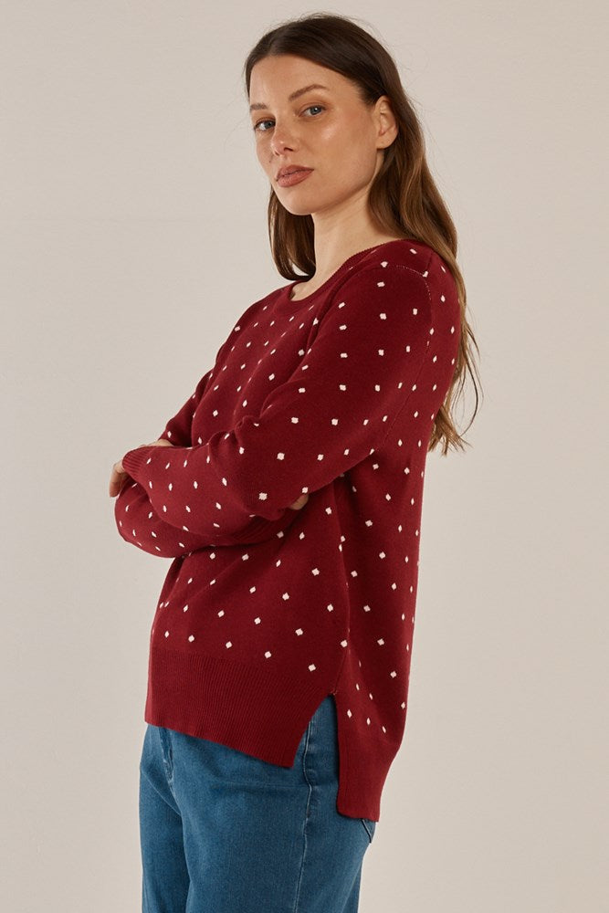 Betty Basics Louis Sweater - Burgandy Jacquard Red (view 3)