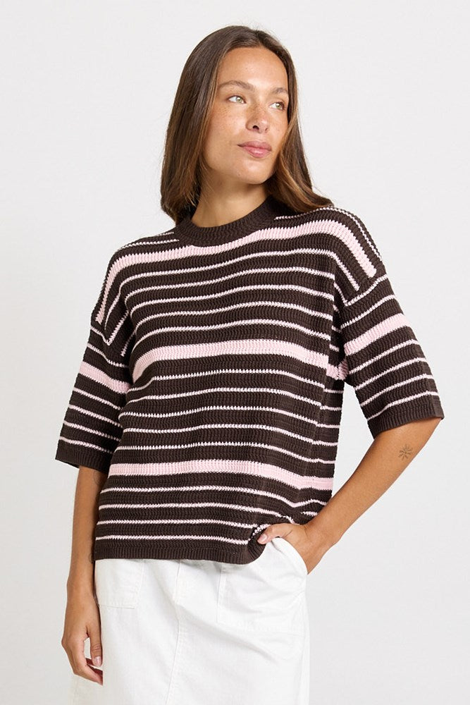 Betty Basics Dylan Knit Tee Chocolate Pink Stripe front