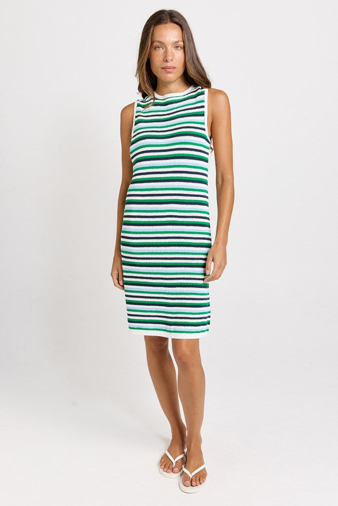Betty Basics Mandy Tank Dress in blue and green stripe, front view