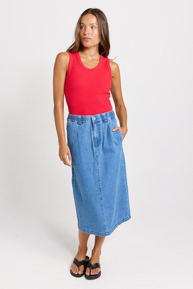 Betty Basics Solange Midi Denim Skirt in medium wash, full look