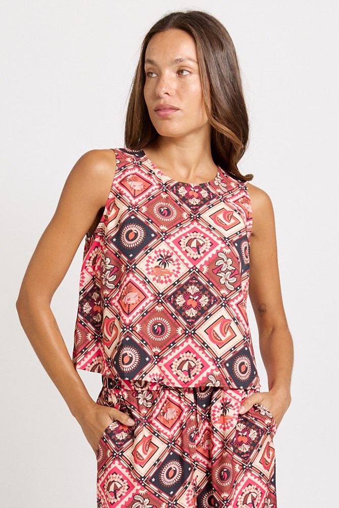 Betty Basics Coco Shell Tank in pink and red Coco print, front view
