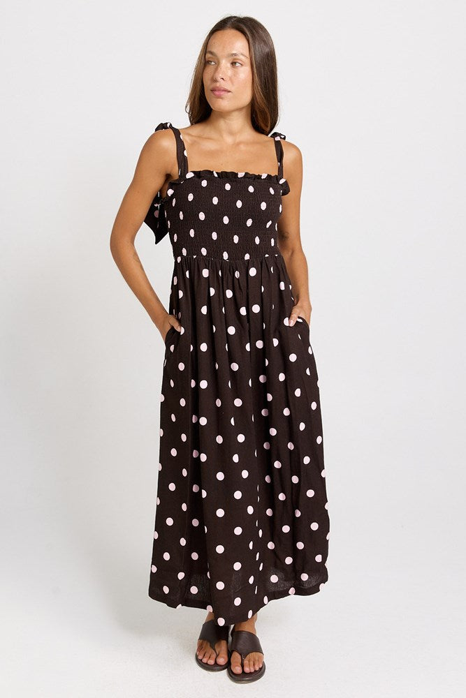 Betty Basics Shirred Maxi Dress in chocolate and pink polka dot, front view