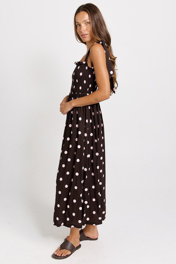 Betty Basics Shirred Maxi Dress in chocolate and pink polka dot, side view