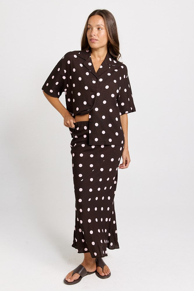 Betty Basics Sable Bias Yoke Skirt in chocolate and pink polka dot, full look