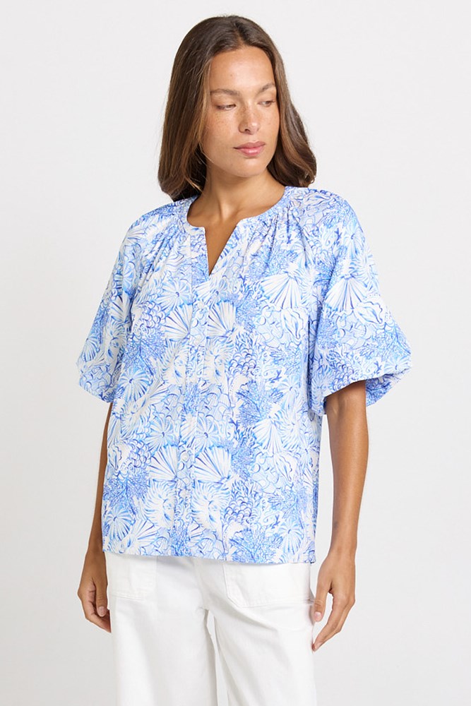 Betty Basics Bronte Blouse in blue shell print, front view