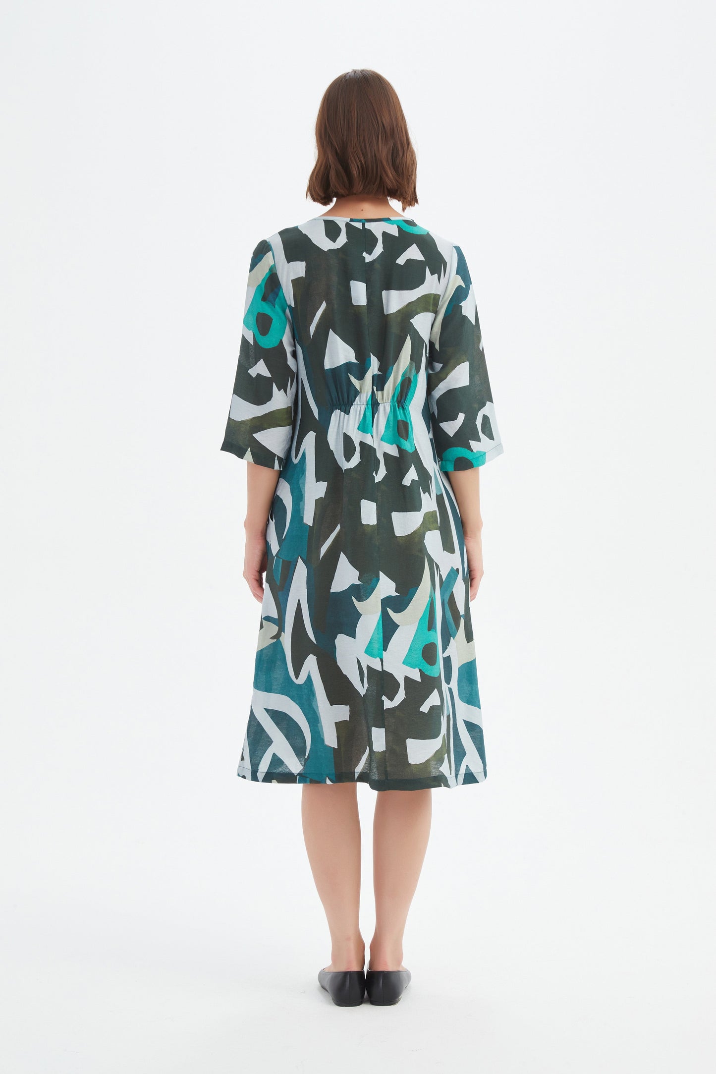 Curve Seam Print Dress - Petrol Abstract Print