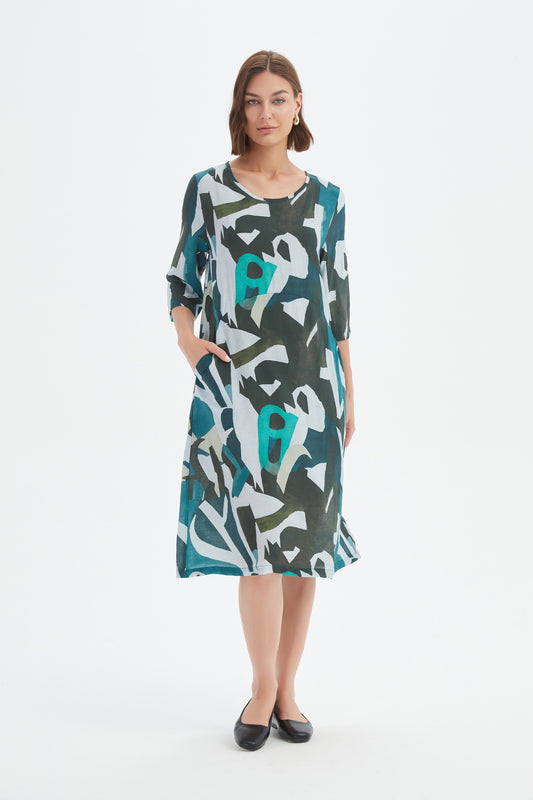 Curve Seam Print Dress - Petrol Abstract Print