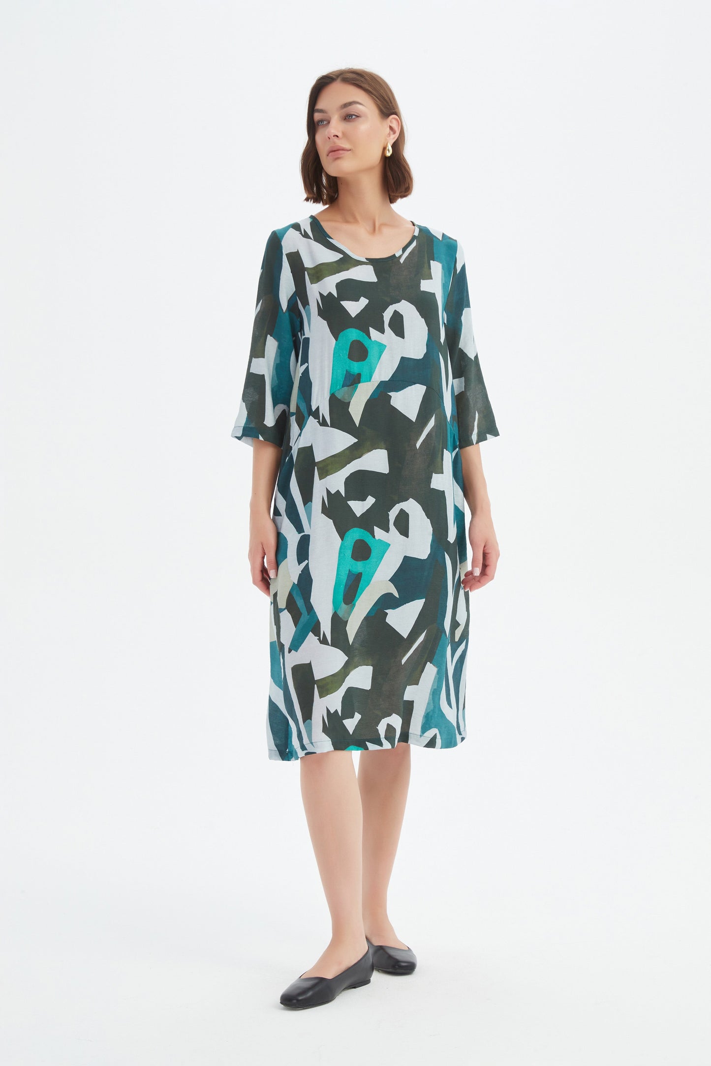 Curve Seam Print Dress - Petrol Abstract Print