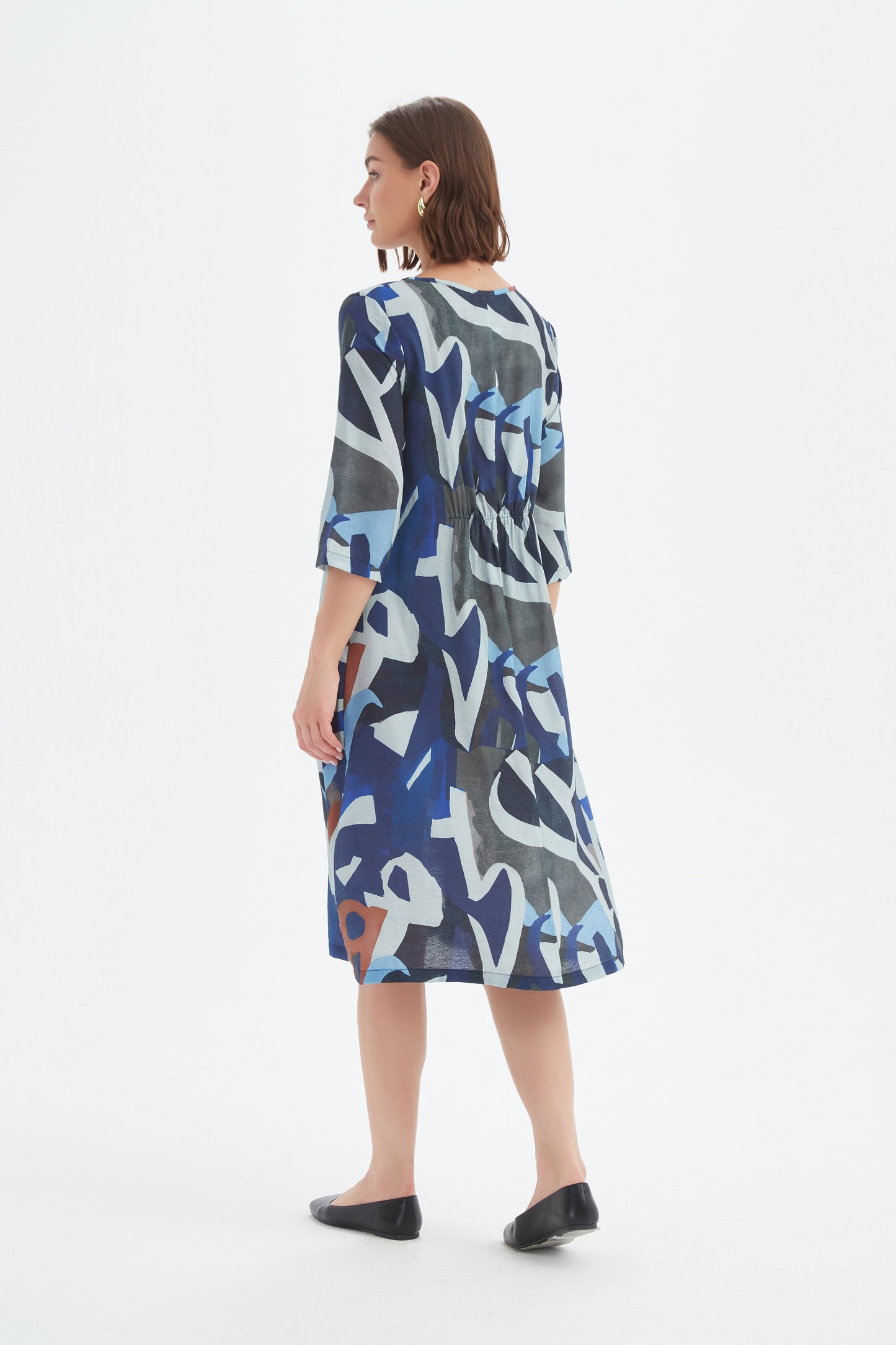 Curve Seam Print Dress - Blue Abstract Print