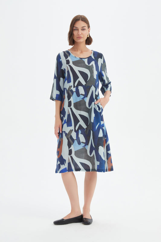Curve Seam Print Dress - Blue Abstract Print