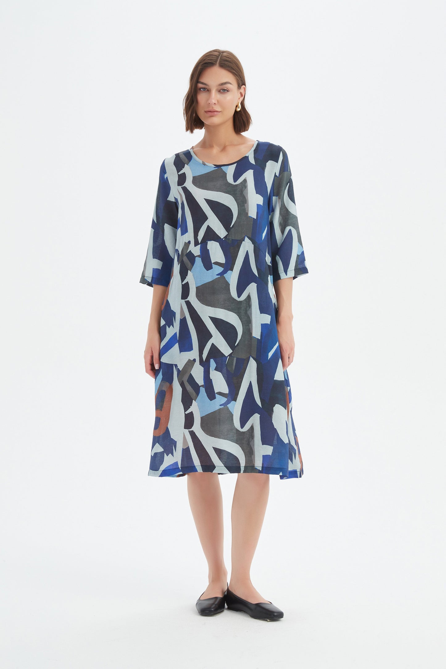 Curve Seam Print Dress - Blue Abstract Print
