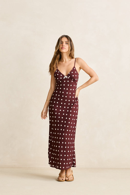 Polka Dot Bias Midi Dress - Cafe