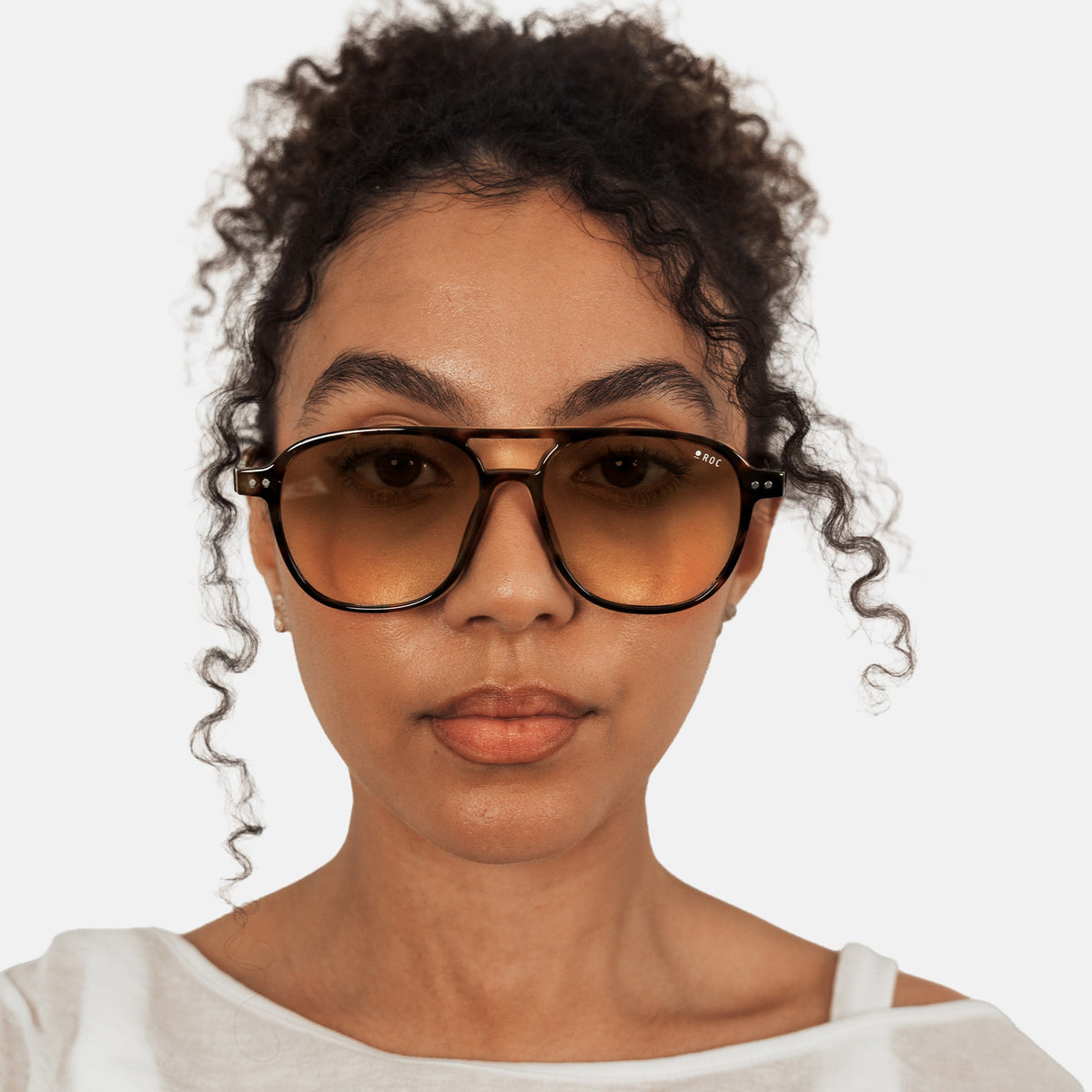 ROC Dank aviator sunglasses in tortoiseshell with yellow gradient lens, worn