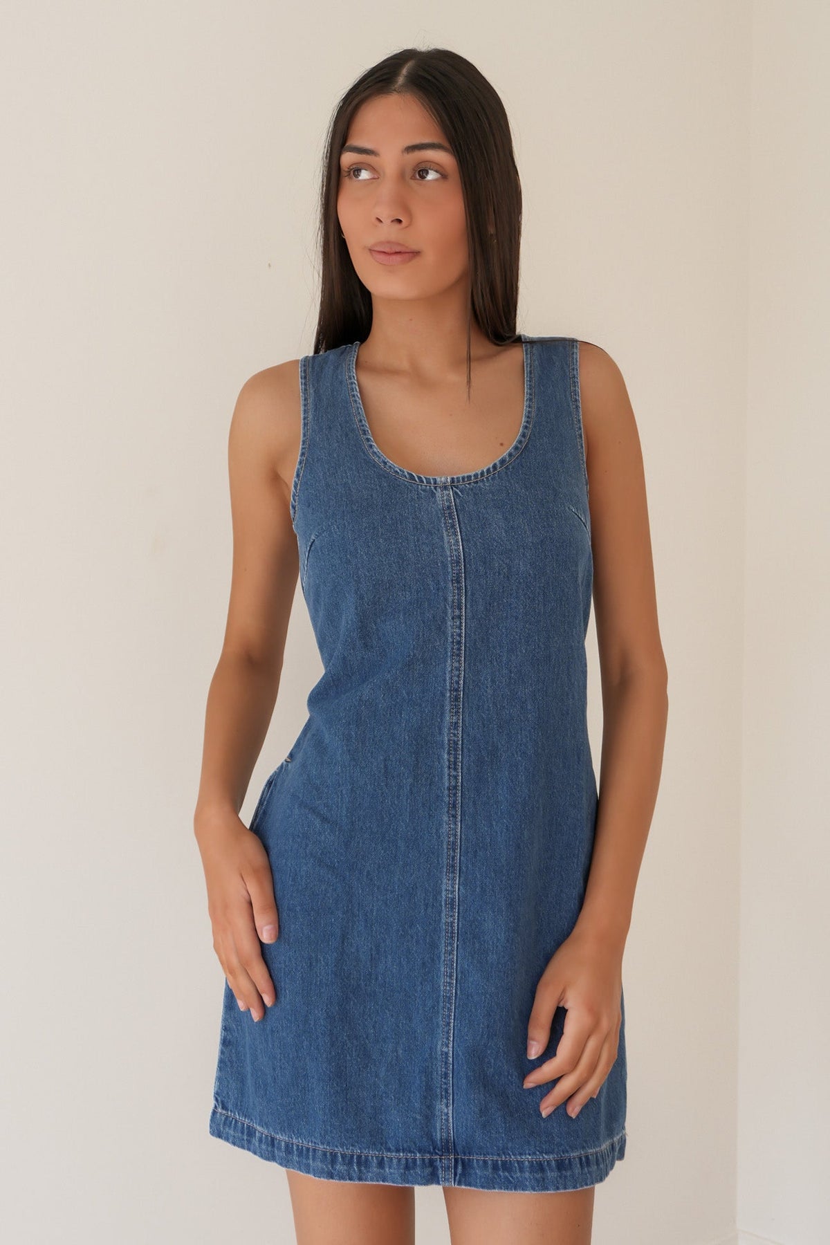 Silent Theory Gemma mini dress in mid blue denim, front view
