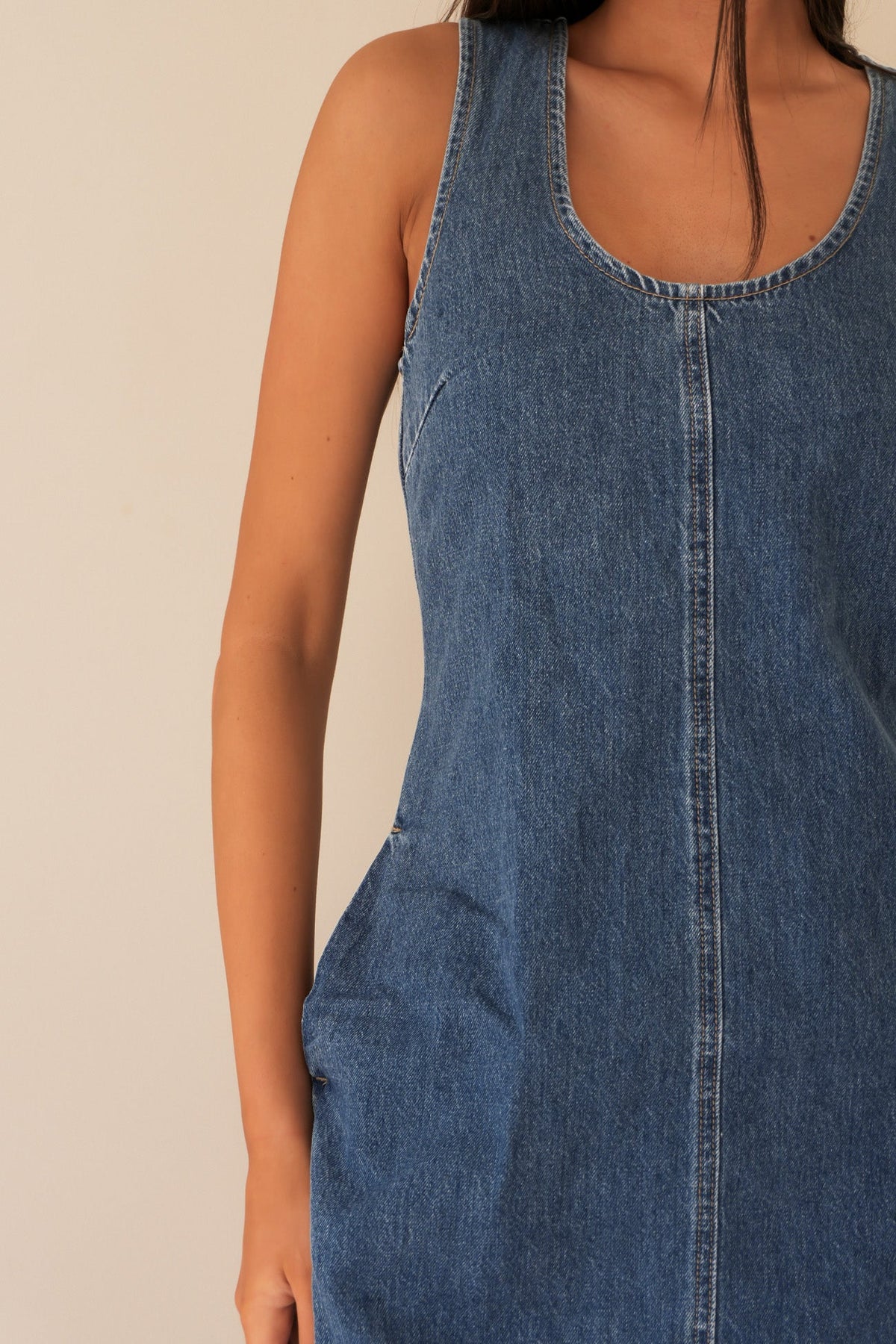 Silent Theory Gemma mini dress in mid blue denim, side view