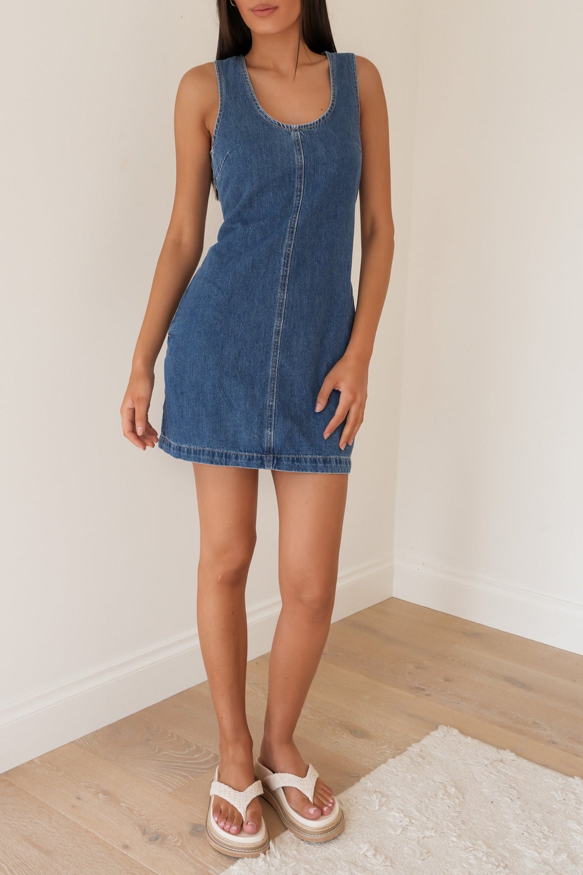 Silent Theory Gemma mini dress in mid blue denim, back view