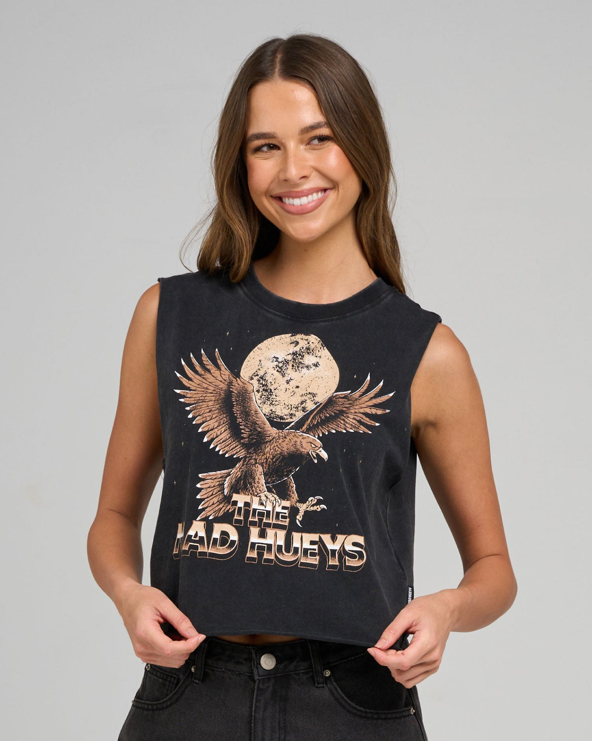 Washed black Moon Eagle crop muscle back print