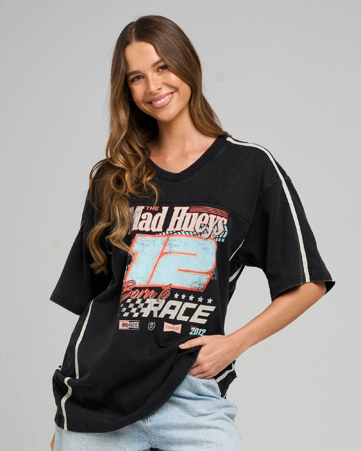 Mad Hueys Born To Race Womens V Neck Oversized Tee in washed black - front