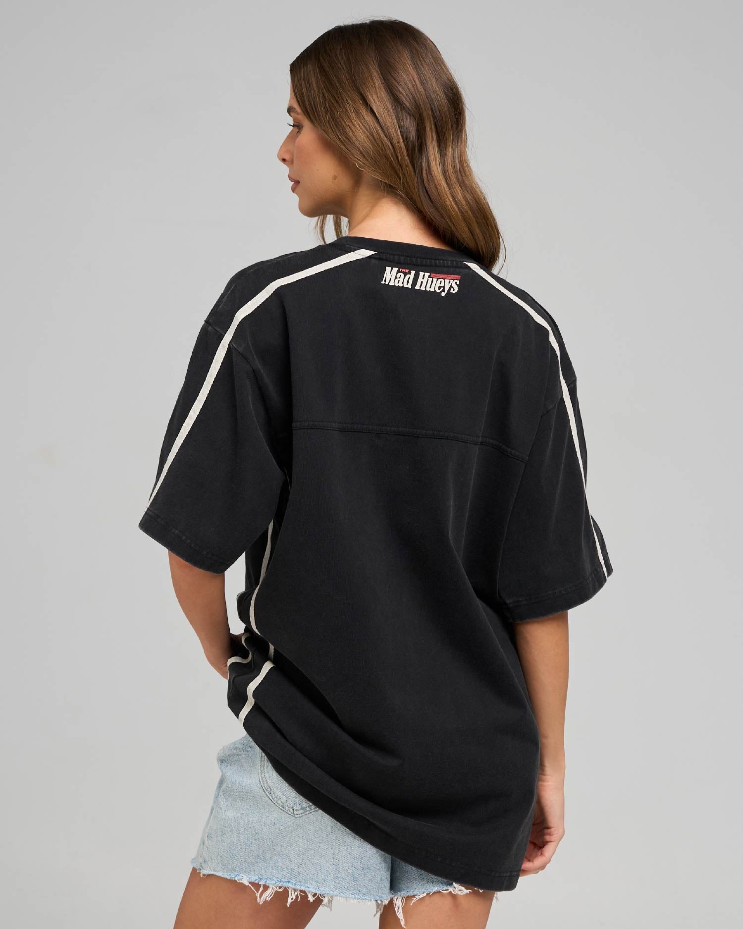 Mad Hueys Born To Race Womens V Neck Oversized Tee in washed black - back