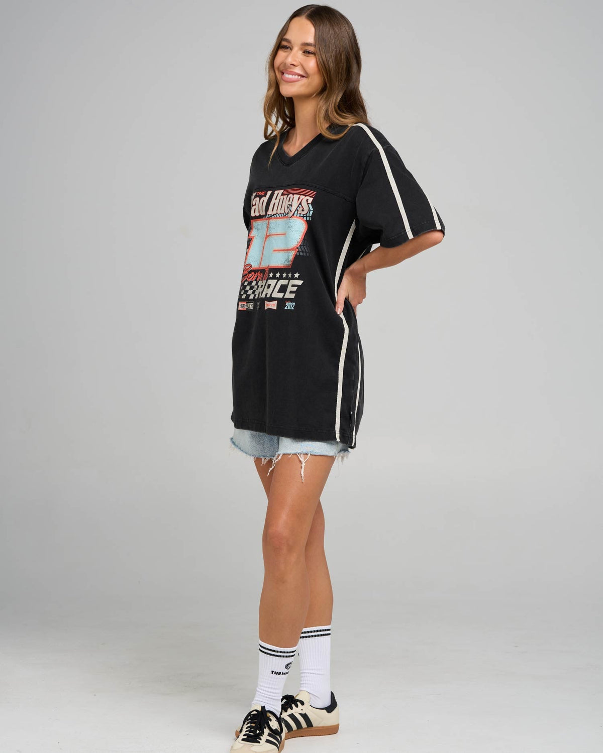 Mad Hueys Born To Race Womens V Neck Oversized Tee in washed black - detail