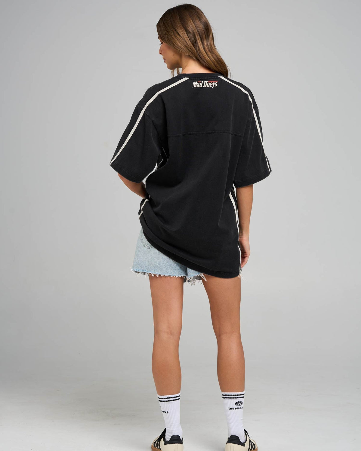 Mad Hueys Born To Race Womens V Neck Oversized Tee in washed black - worn