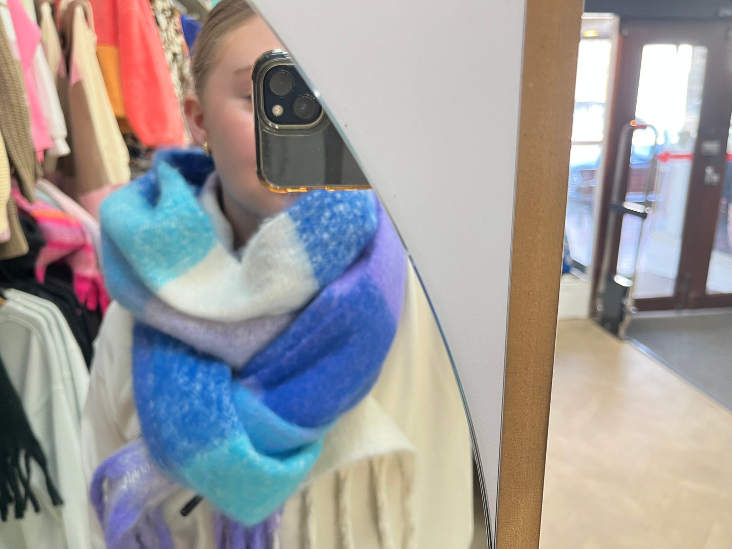 Tassel Scarf - Blue / Lavender Check