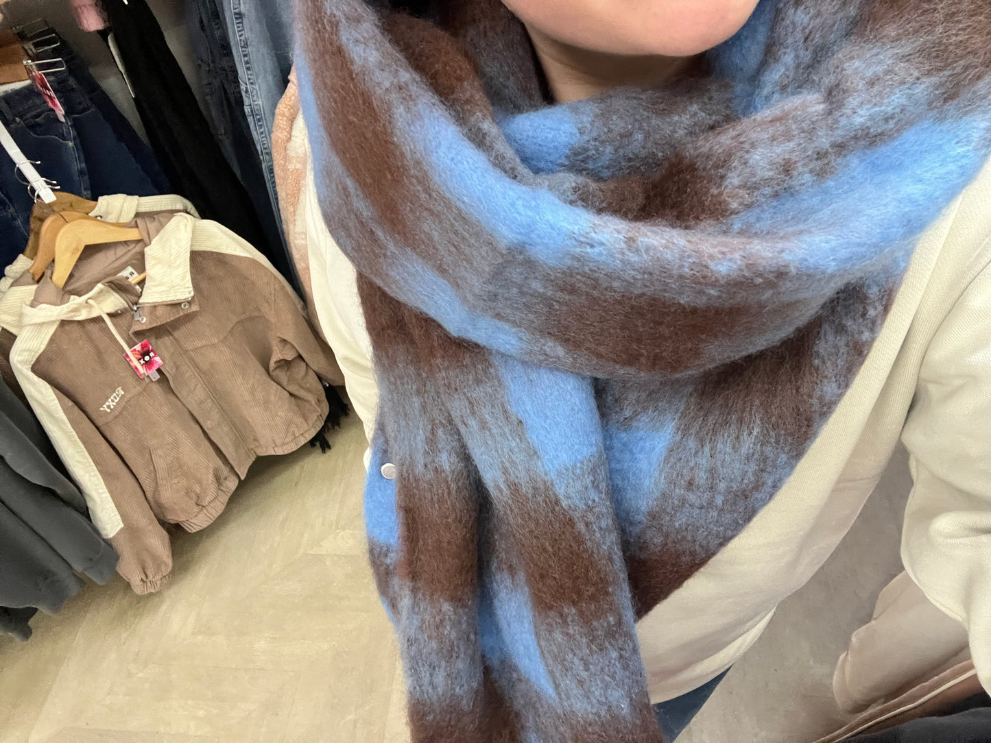 Tassel Scarf - Choc / Sky Blue Check