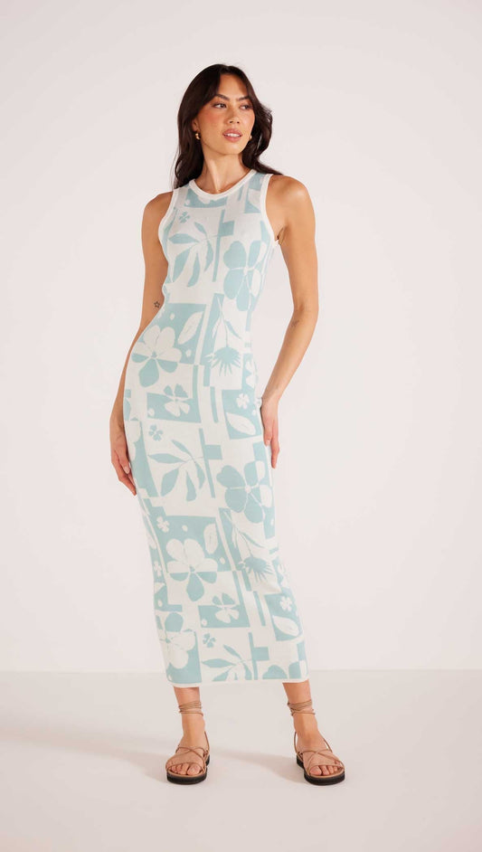 Lacy Intarsia Knit Midi Dress - Blue Floral