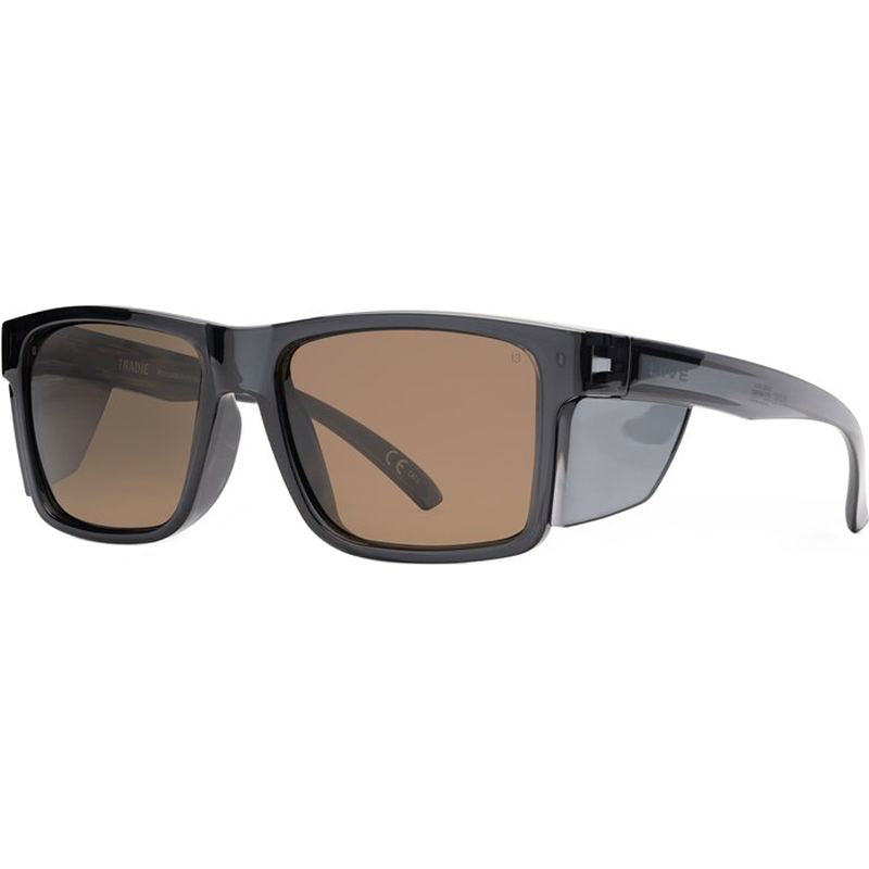 Liive Z Tradie X safety glasses in crystal smoke with polarised brown lens