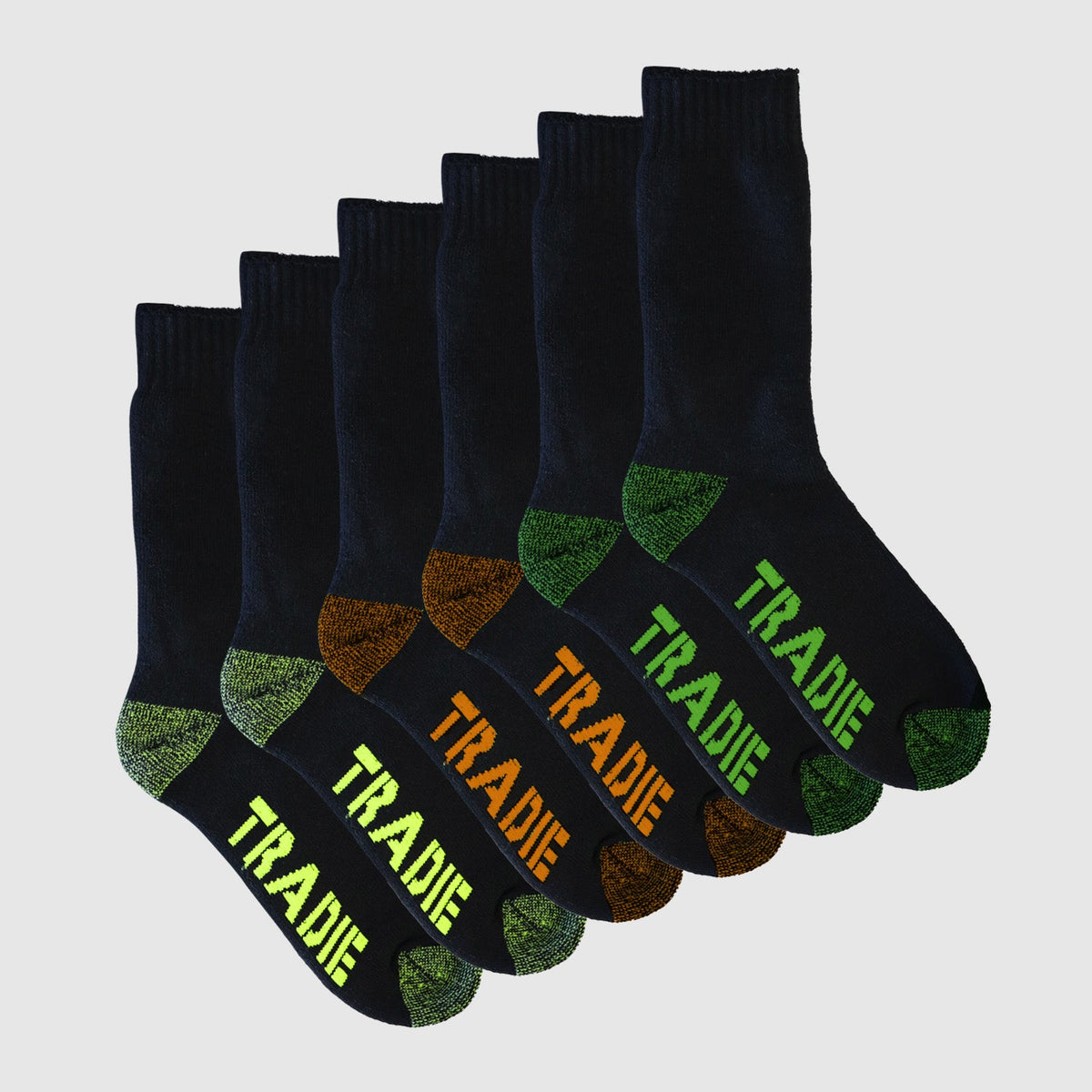 Tradie cotton work socks fluro pack flat lay