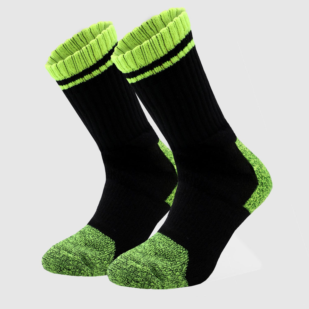 Tradie cotton blend work socks in black with fluro yellow heel and toe