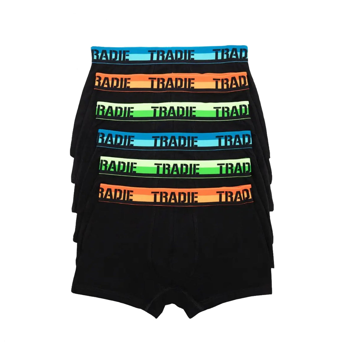 Tradie Mens 6pk Trunk Steak On The Bbq, six black trunks with coloured waistbands