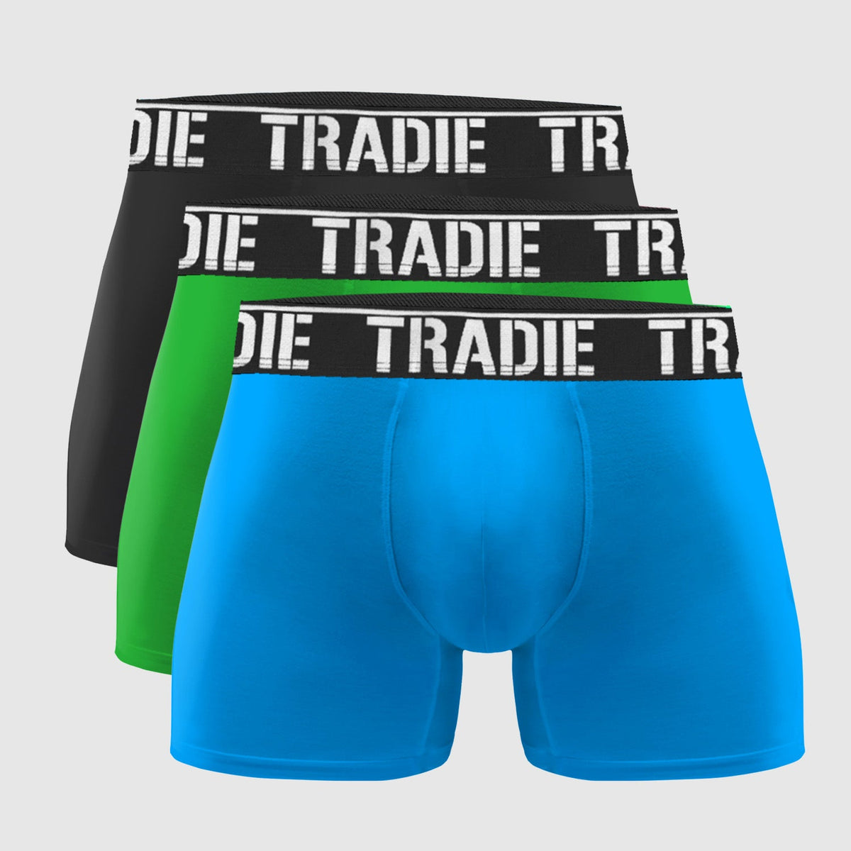 Tradie Mens 3pk Trunk Centuries pack in black, green and blue