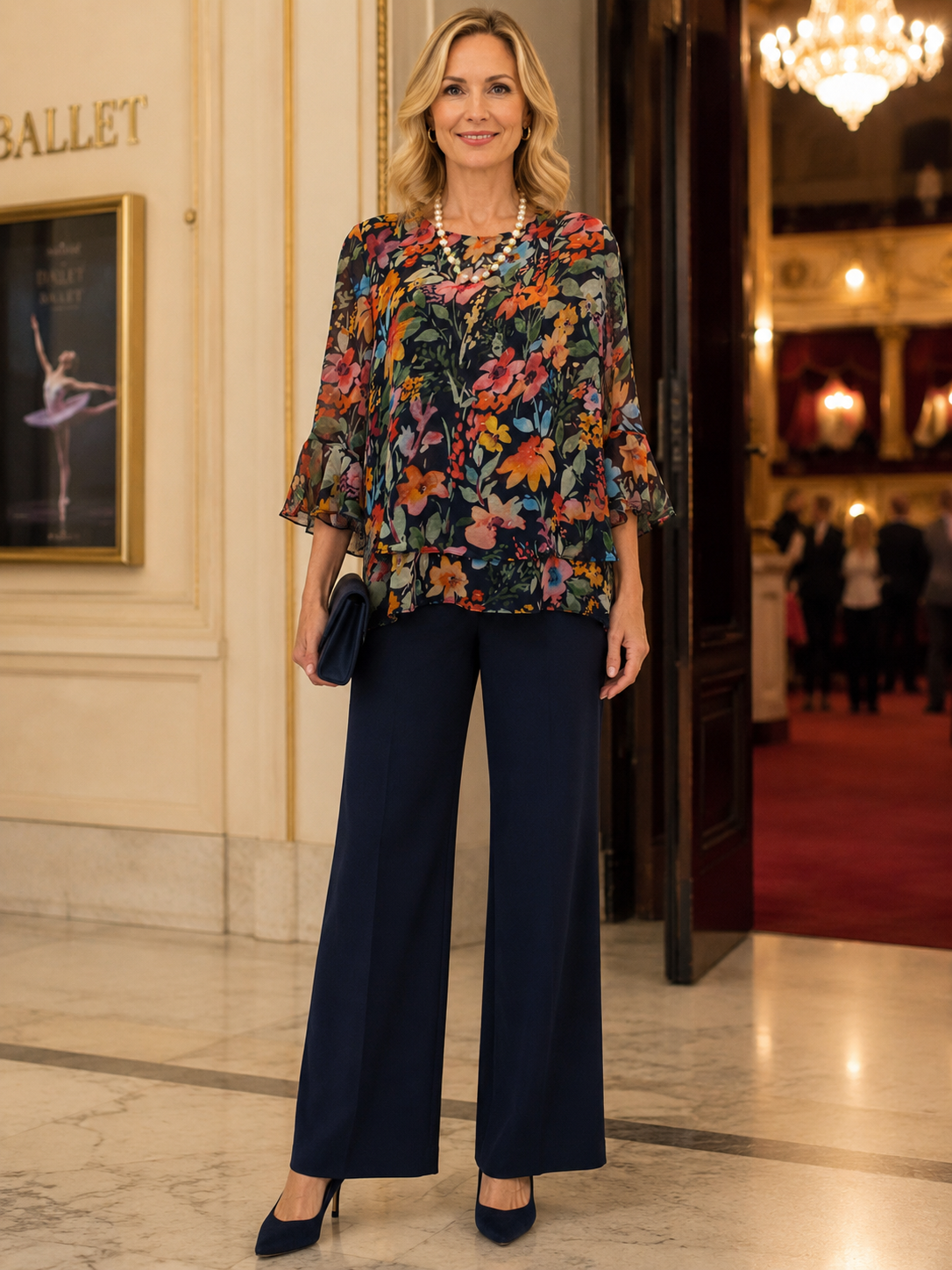 Renoma Bromley Marlene Layered Chiffon Top in navy - front