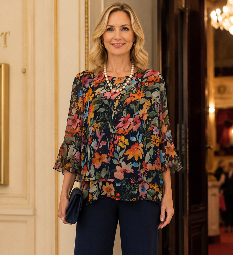 Renoma Bromley Marlene Layered Chiffon Top in navy - detail